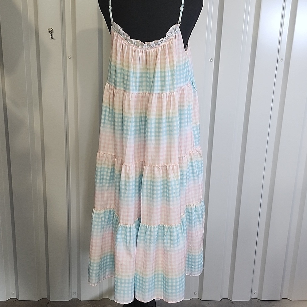 Storia Womens Pastel Gingham Check Flowy Mid Dress Size Medium Lightweight Lined - Picture 2 of 7